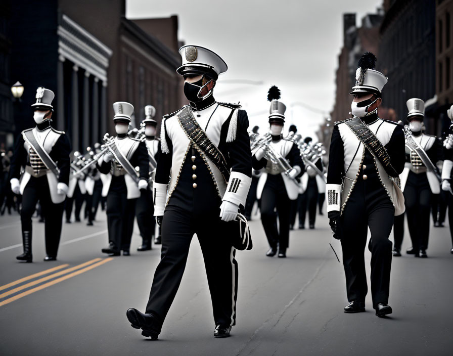 Marching band in uniform with instruments led by baton-wielding bandmaster