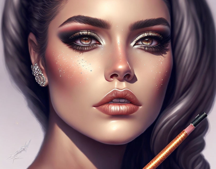 Detailed digital portrait of a woman with makeup, freckles, earring, and pencil