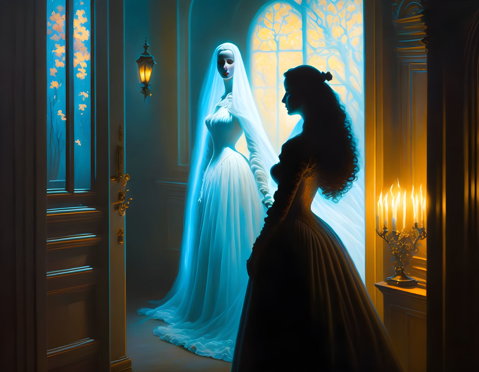 Woman in dark dress admiring bridal reflection in candlelit mirror