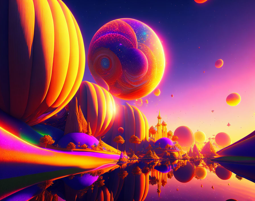 Colorful orbs, rainbows, and whimsical architecture in a fantastical landscape