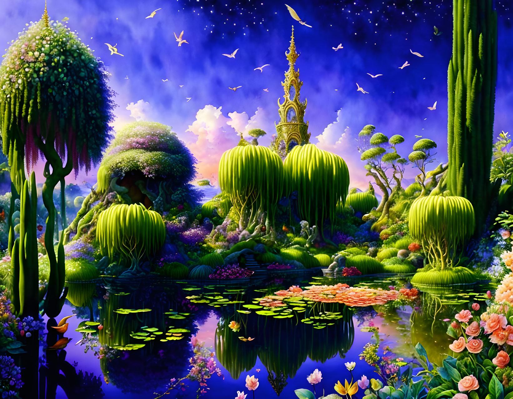 Nighttime fantasy landscape with lush greenery, reflective pond, starry sky, and birds in flight