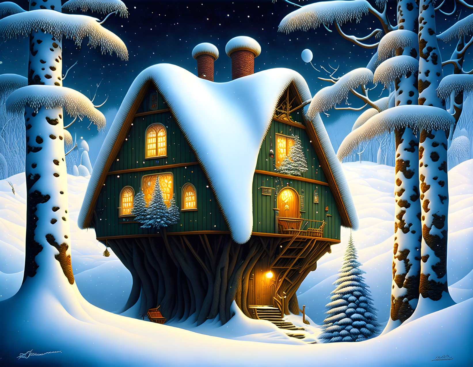 Snow-covered treehouse in starry winter night.