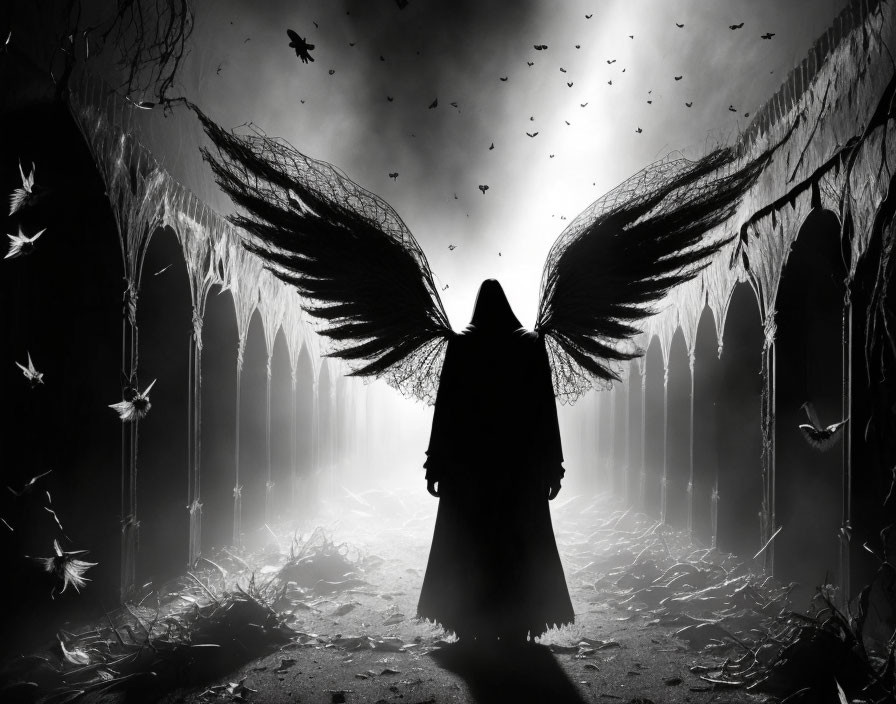 Monochrome image of figure with wings in eerie corridor