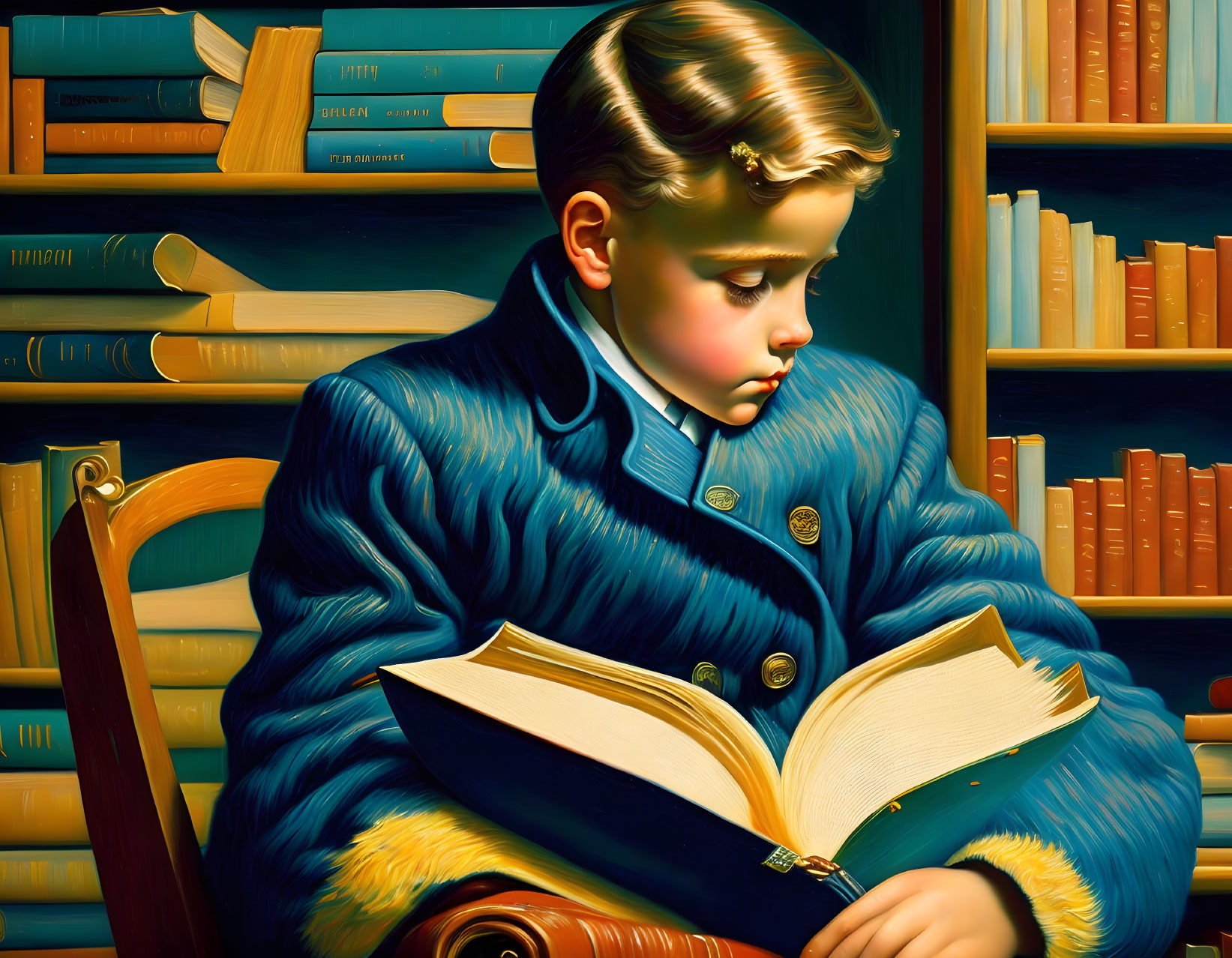 Stylized painting of young boy reading in cozy book-filled room