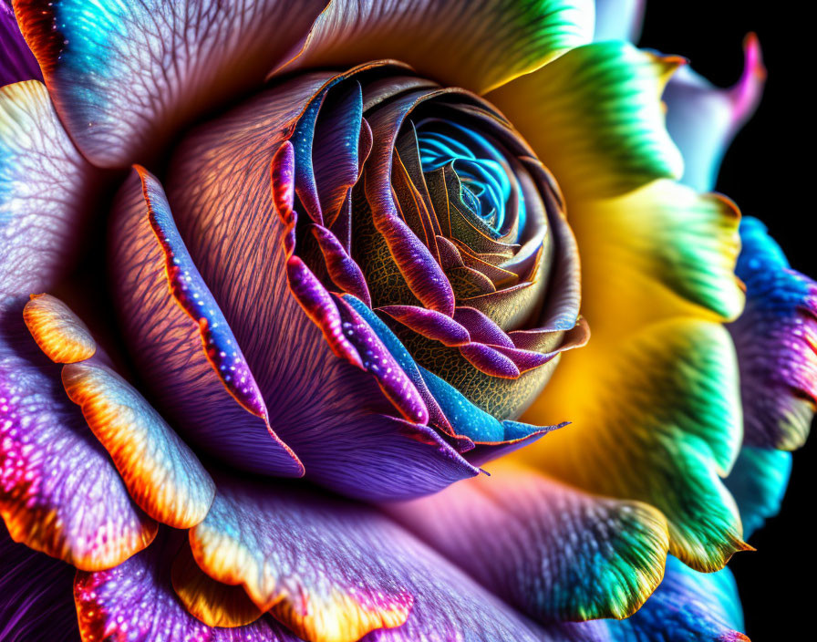 Vibrant multicolored rose with intricate details on dark background