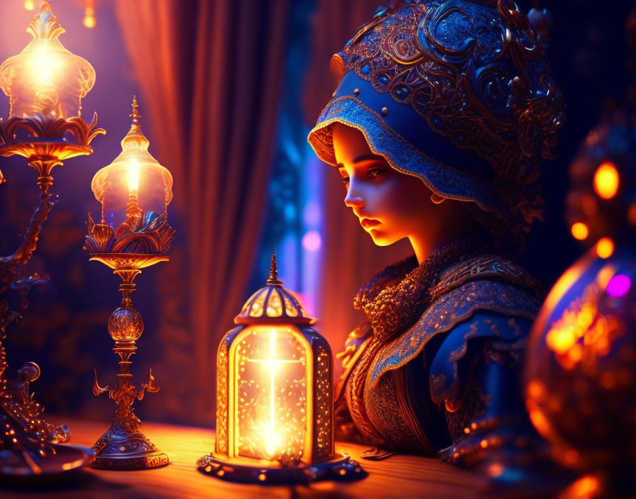 Ethereal figure in ornate blue attire with lantern in golden light