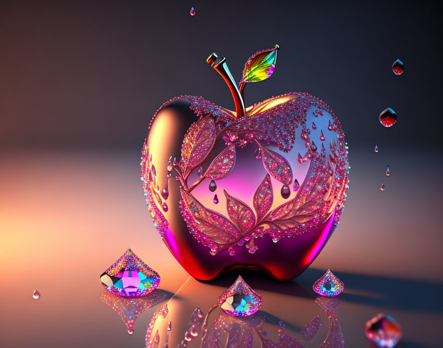 Shiny red apple with silver leaf pattern on gradient background