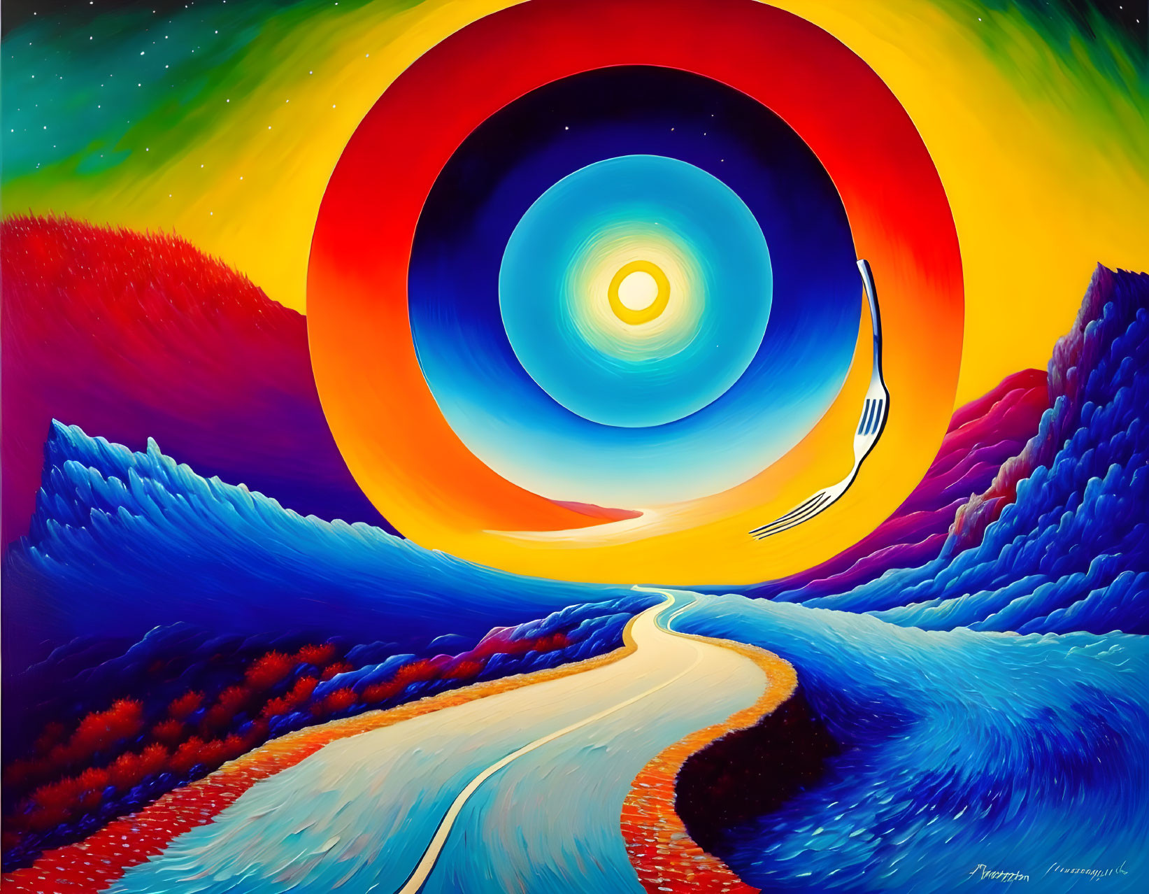 Colorful painting: Winding road to cosmic eye in starry sky