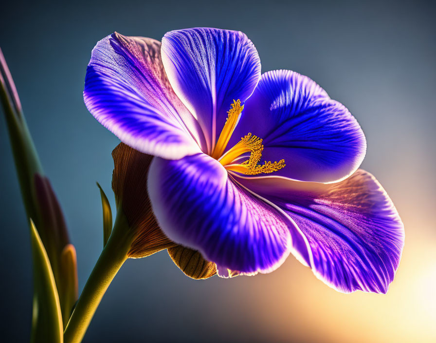 Colorful Blue and Purple Iris Flower with Yellow Stamens in Warm Backlight