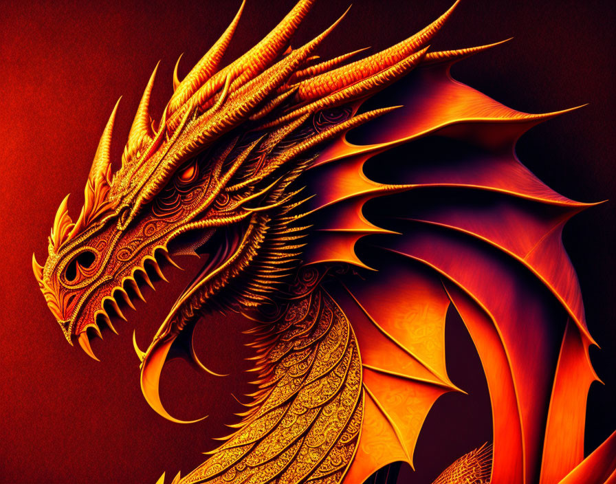 Golden dragon with fiery wings on dark red background - intricate scales depicted.