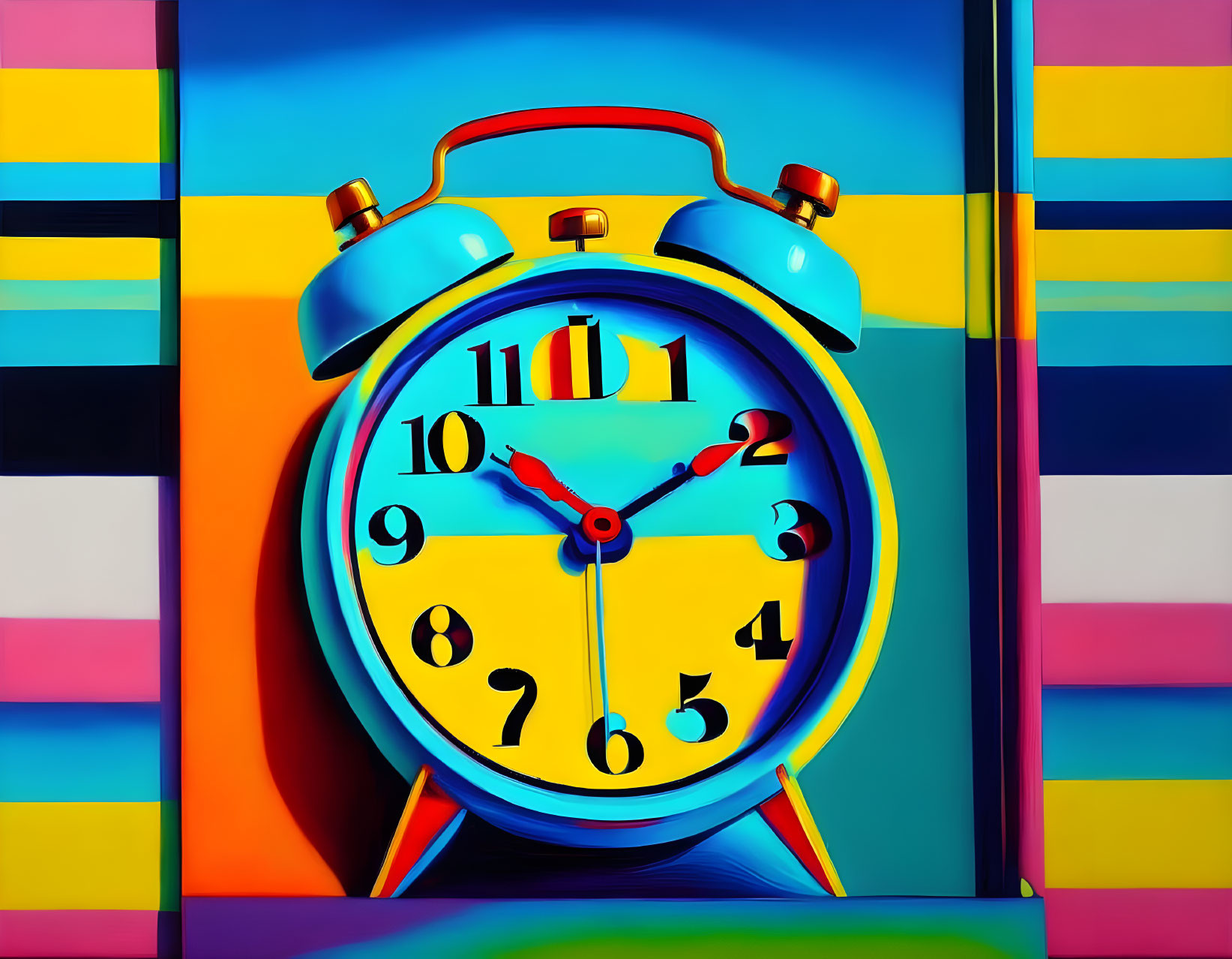 Colorful analog alarm clock on geometric background with bold stripes