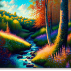 Colorful forest painting with river in autumn ambiance