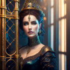 Regal woman in ornate crown and intricate jewelry gazes intently