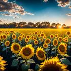 Sunflower field at sunset with sunlight through trees