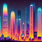 Colorful neon-lit city skyline at night with glowing skyscrapers