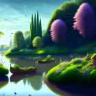 Tranquil fantasy landscape: glowing cottage, mirror-like river, lush greenery, colorful flowers,