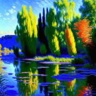 Impressionist-style painting of tranquil pond with colorful trees and reflections