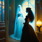 Woman in dark dress admiring bridal reflection in candlelit mirror