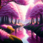 Tranquil forest stream with cherry blossoms and glowing light