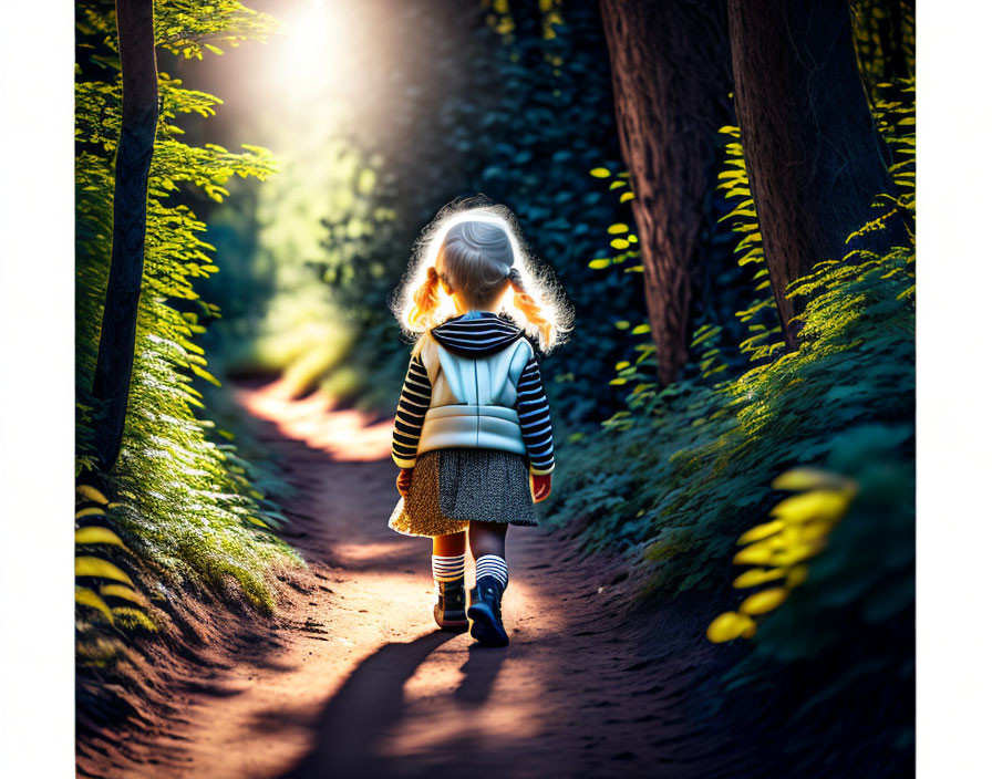 Child walking in sunlit forest surrounded by tall trees