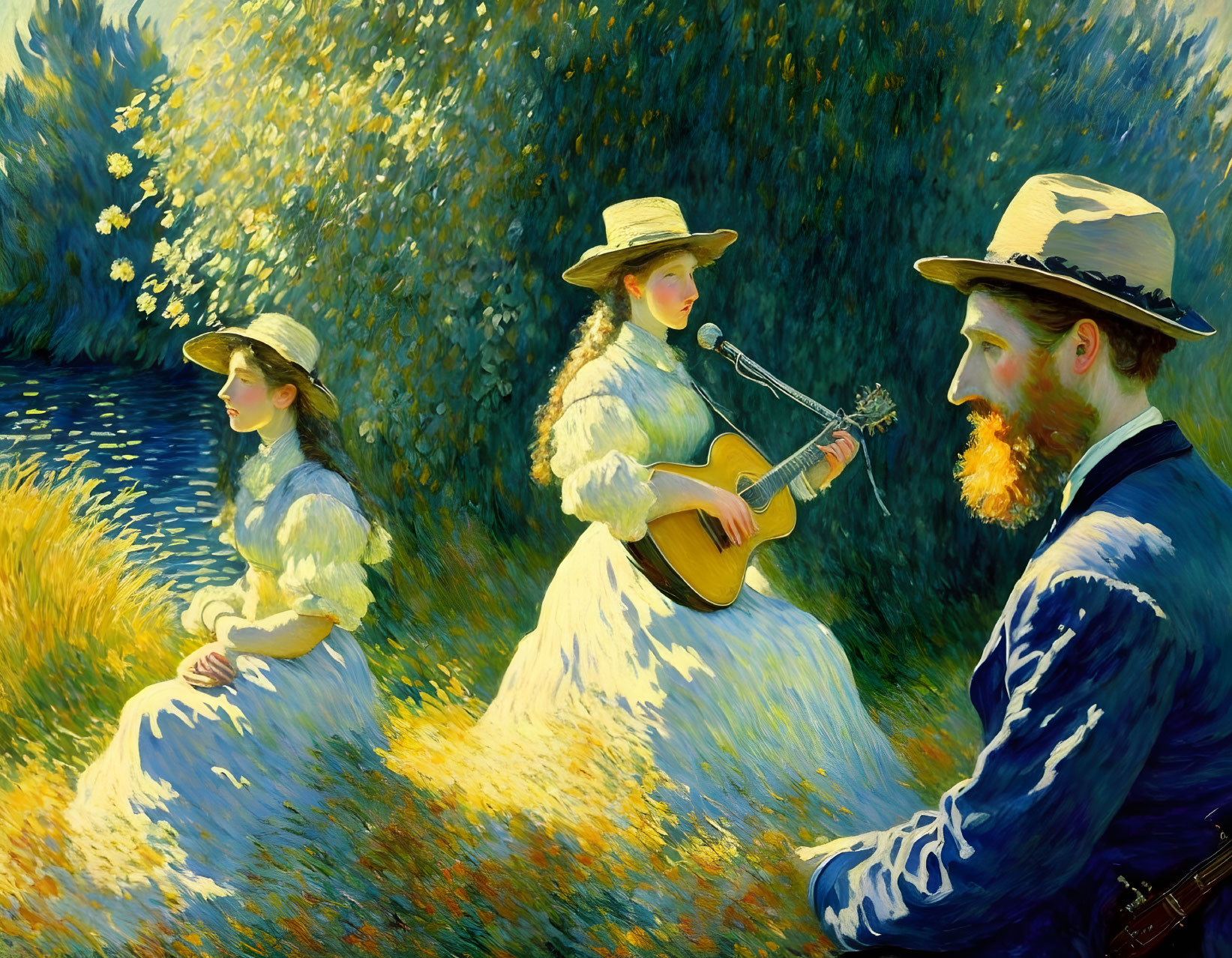 Impressionist painting of two women and a man in sunny outdoor scene