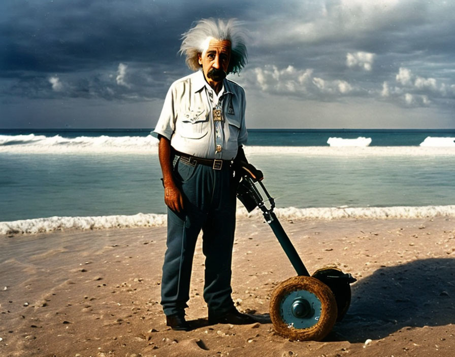 Man with wild white hair on beach with metal detector and cloudy sky