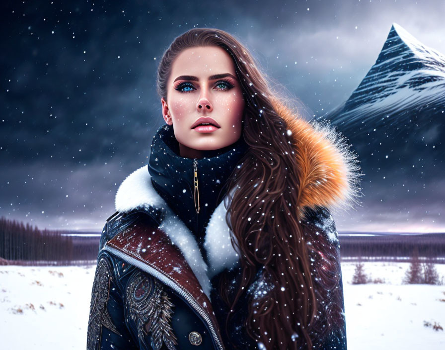 Woman with long hair and striking makeup in snowy mountain landscape