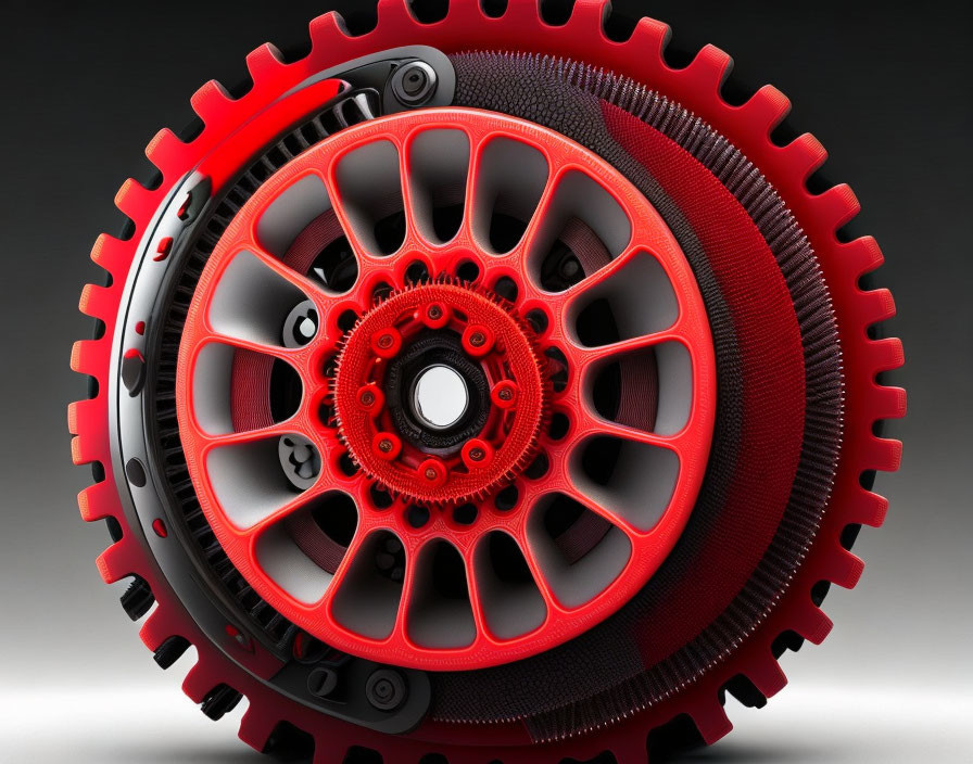 Detailed Close-Up of Red and Black Car Wheel with Intricate Spoke Design