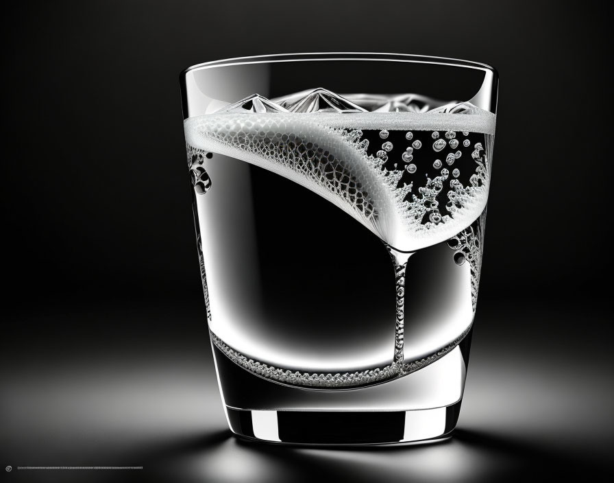 Glass of Liquid with Ice, Bubbles, and Foam on Dark Gradient Background