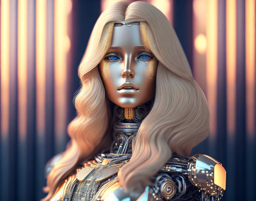 Female humanoid robot with long blond hair and metallic body featuring intricate circuitry patterns