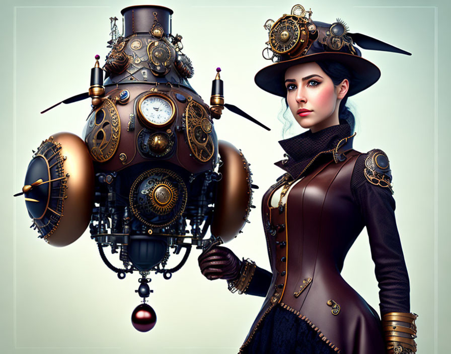 Victorian steampunk digital art with woman and mechanical contraption