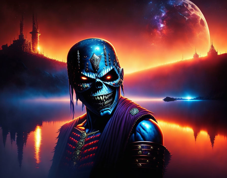 Cybernetic skull with red eyes in front of castle, nebula, moon, and water