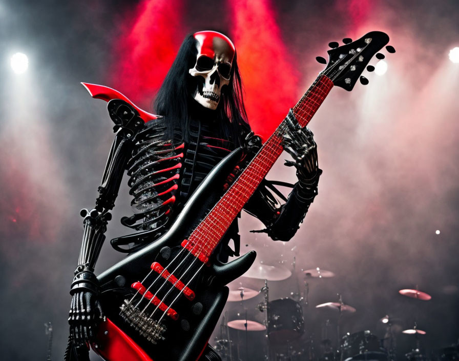 Skeleton-costumed person plays black guitar on stage with red lighting and smoke