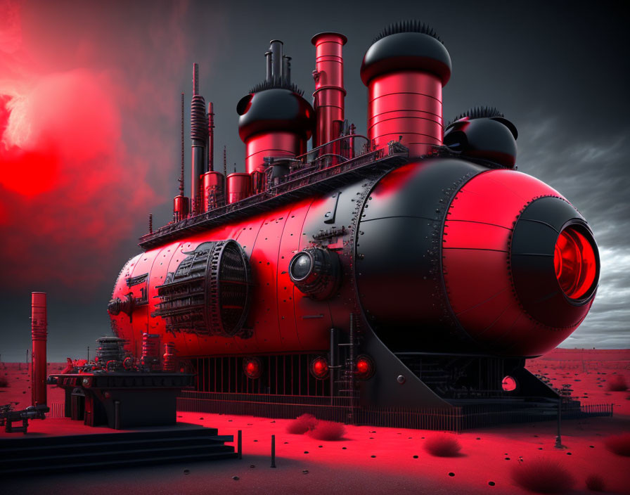 Futuristic red submarine with glowing viewport on barren landscape