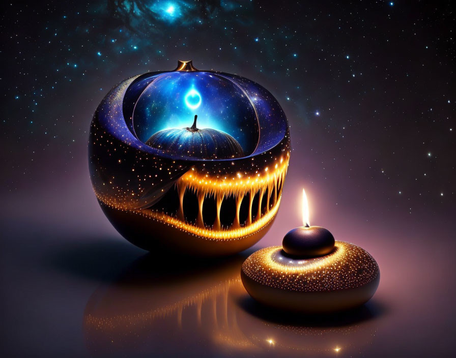 Digital artwork: Glowing candle and carved pumpkin in cosmic setting