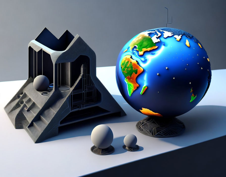 Surreal 3D illustration of oversized globe and futuristic structure