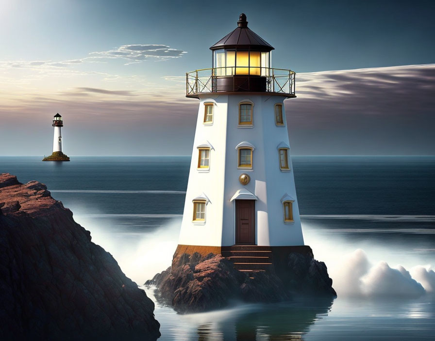 Scenic lighthouse on rocky terrain with lit beacon, overlooking serene sea.