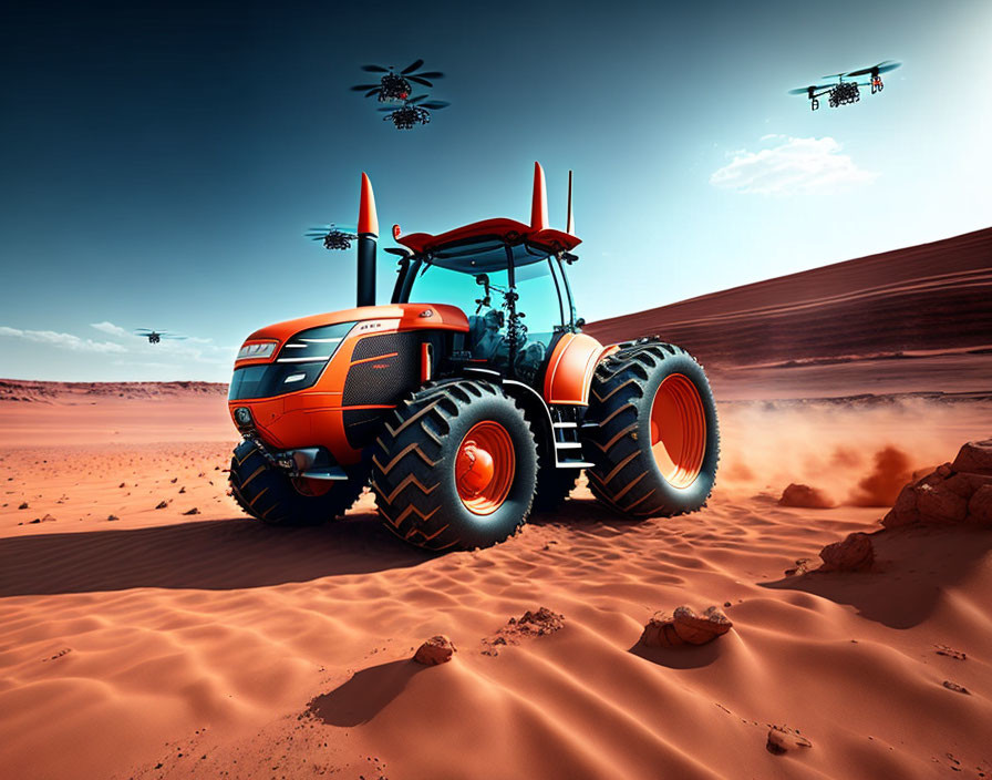 Futuristic orange tractor with large tires in desert landscape with flying drones