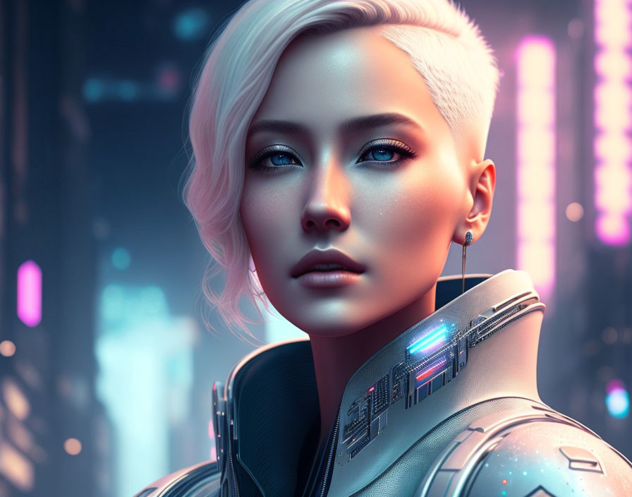 Blonde woman in high-tech suit against neon cityscape