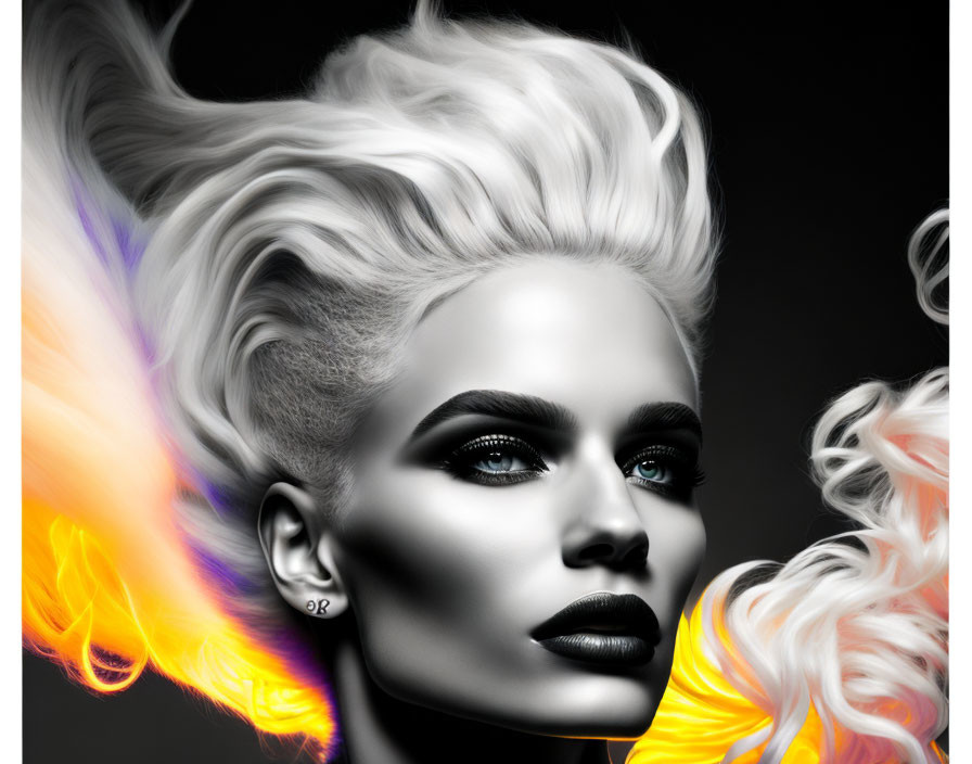 Monochrome portrait of woman with striking makeup and stylized hair and colorful flame-like effects.