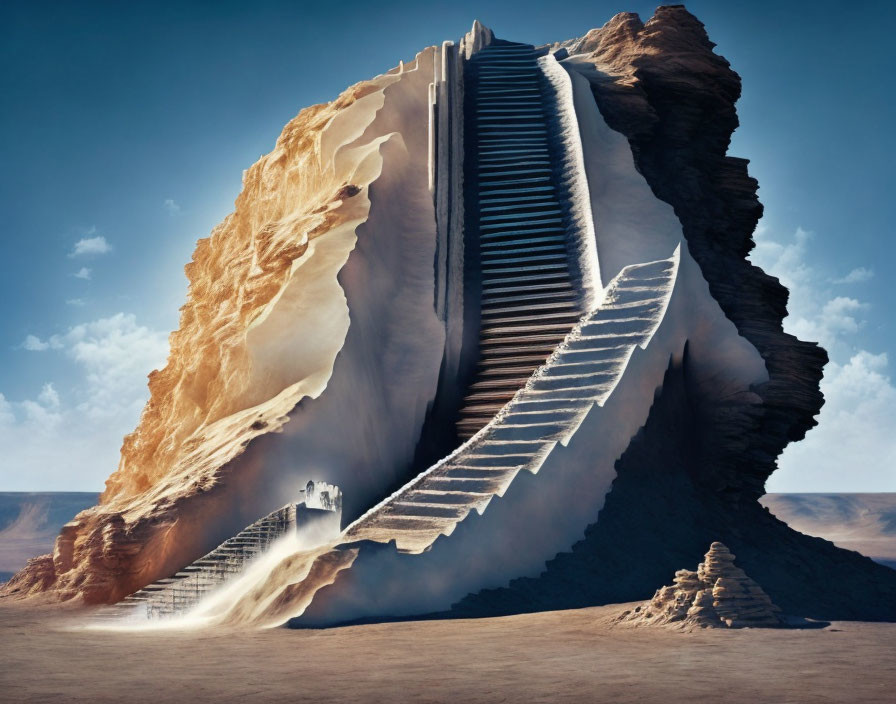 Surreal desert landscape with giant rock staircase