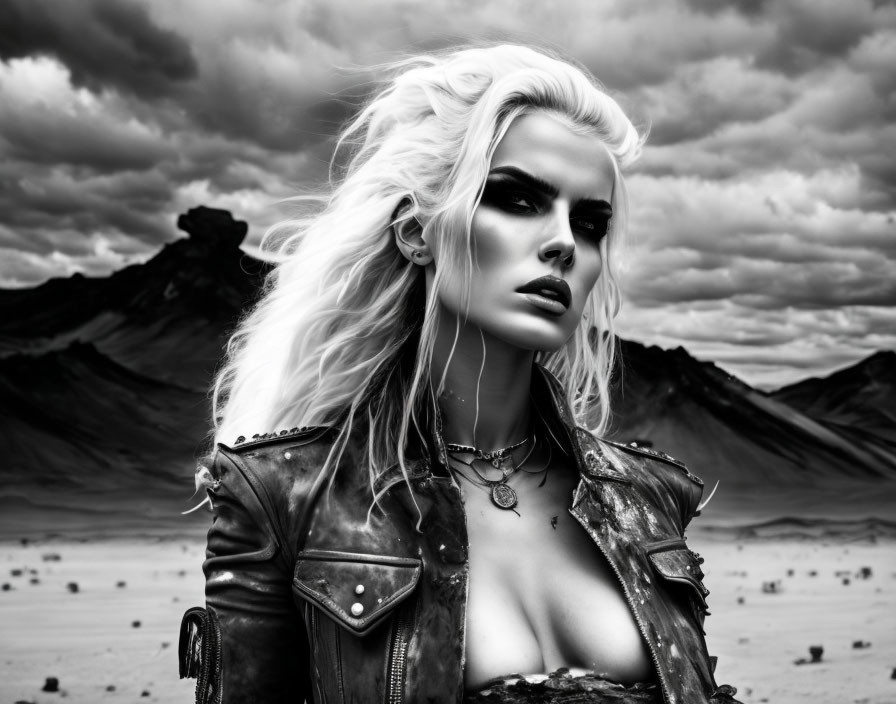 Monochromatic image: Woman in leather jacket against dramatic mountain landscape