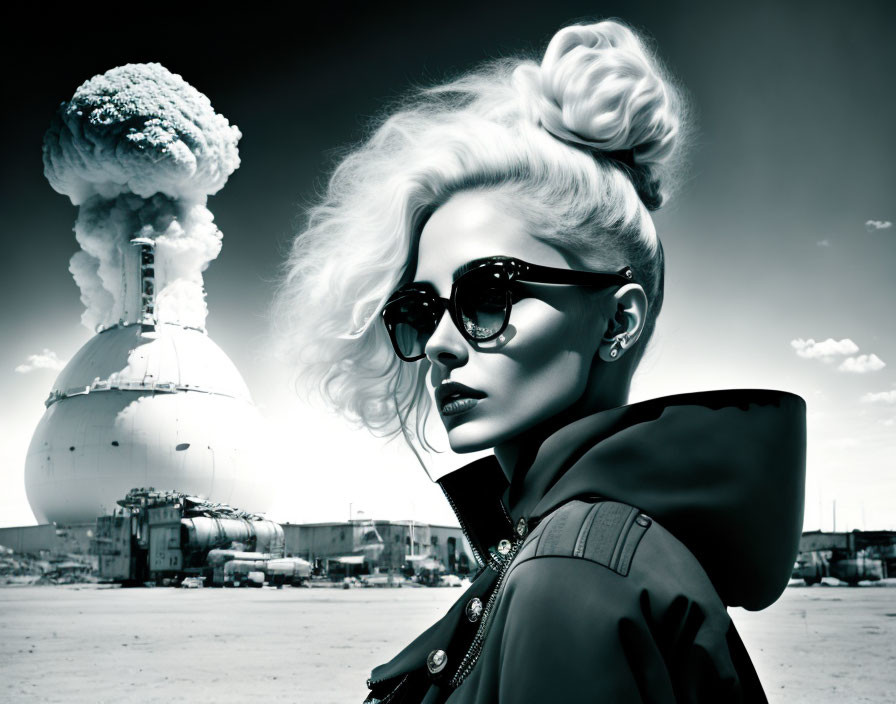 Fashionable woman in sunglasses with nuclear explosion scene.