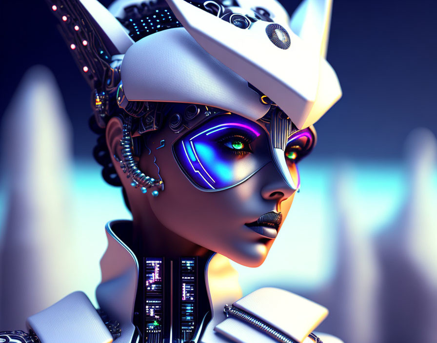 Detailed Futuristic Female Cyborg Headpiece and Neon Lighting Effects