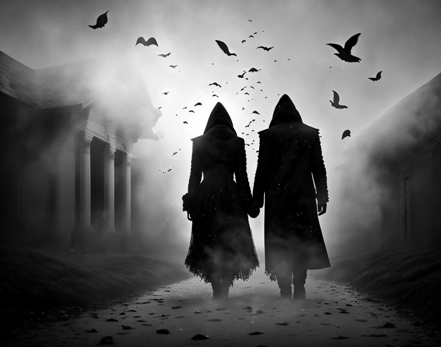 Silhouetted figures walking in mist with birds and gothic architecture