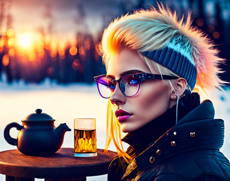 Blonde Woman with Blue Eyeglasses Near Teapot and Cup at Sunset