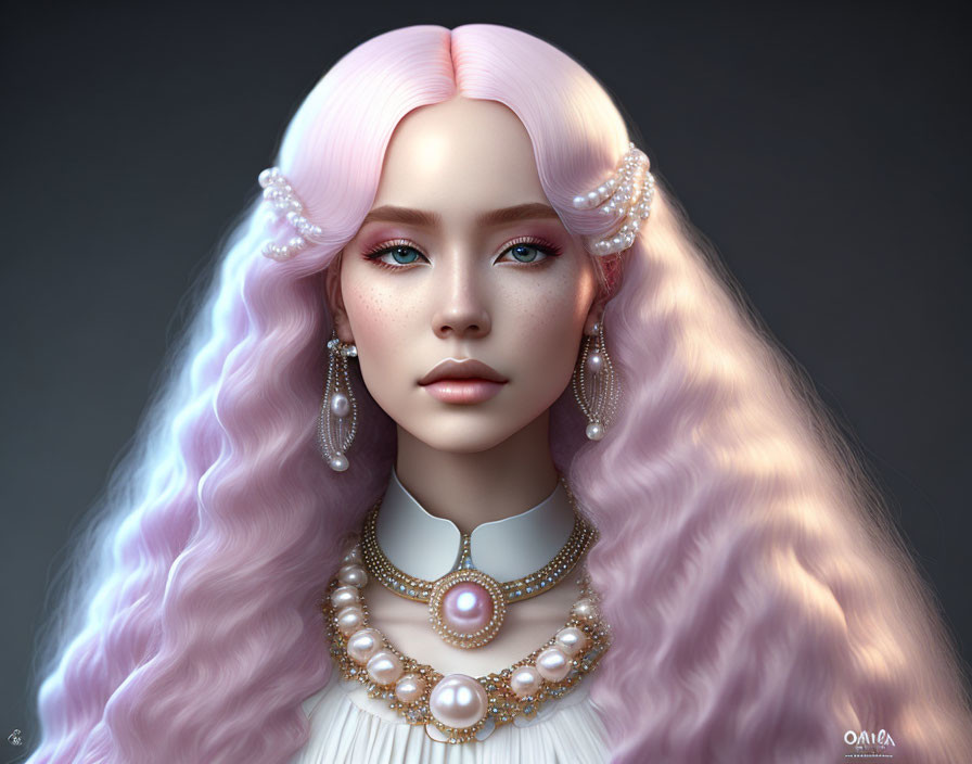 Portrait of Woman with Pastel Pink Hair and Pearl Accessories