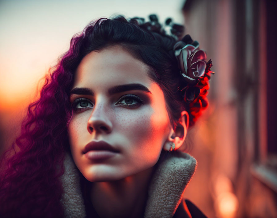 Vivid curly purple hair woman with green eyes and floral hair accessory