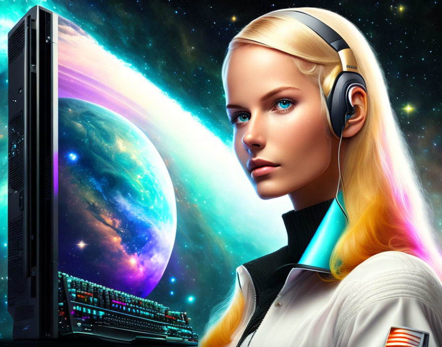 Futuristic female with headphones and computer tower in vibrant cosmic setting