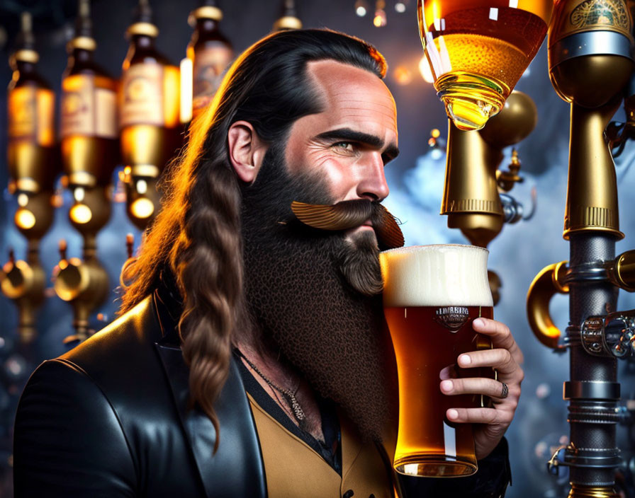 Bearded man with twisted mustache holding pint of beer